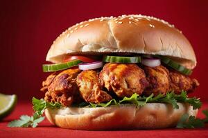 AI generated Spicy Tandoori Chicken Burger on Red Background photo