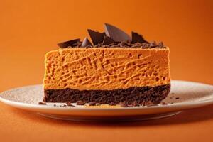 AI generated Pumpkin Cheesecake Slice on Plate on Orange Background photo