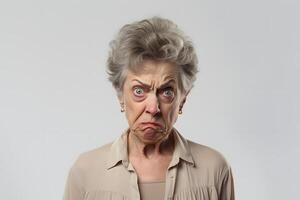 AI generated Angry and disgusted senior Caucasian woman, head and shoulders portrait on white background. Neural network generated photorealistic image photo