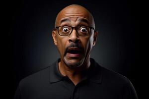 AI generated Surprised African American man with glasses on black background. Neural network generated photorealistic image. photo