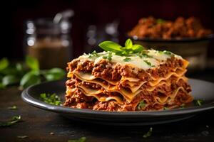 AI generated classic Italian lasagna with layers of pasta on black plate on table on dark background. Neural network photorealistic generated image photo