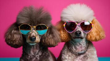 AI generated two poodles with funky sunglasses on pink background, neural network generated image photo