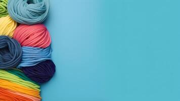 AI generated Knitting background with rainbow colorful yarn over blue background with copy space, neural network generated picture photo