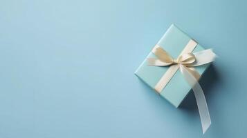 AI generated One gift box in craft wrapping paper and white satin ribbon with bow on light blue clean flat surface background, neural network generated image photo