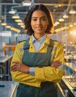 AI generated Female facility, hispanic woman engineer in modern technical plant, smiling on camera photo