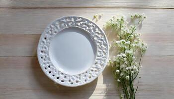 AI generated White ceramic plate mockup, blank template of dish on table photo