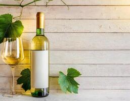 AI generated Vine bottle mockup, glass of wine on wooden background, template photo