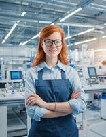 AI generated Female facility, caucasian redhair young woman engineer in modern technical plant, smiling looking at camera photo