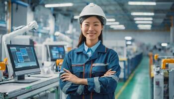 AI generated Female facility, asian woman engineer in modern technical plant, smiling on camera photo