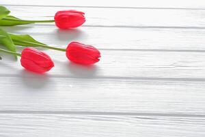 Red tulips on white wooden background, women day, mothers day, valentine, wedding, birthday, freeting card photo