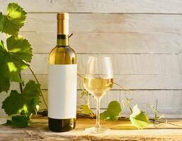 AI generated Vine bottle mockup, glass of wine on wooden background, template photo