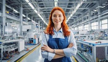 ai generado hembra instalación, caucásico cabello rojo joven mujer ingeniero en moderno técnico planta, sonriente mirando a cámara foto