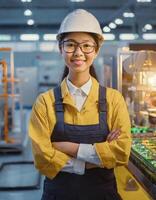 ai generado hembra instalación, asiático mujer ingeniero en moderno técnico planta, sonriente en cámara foto