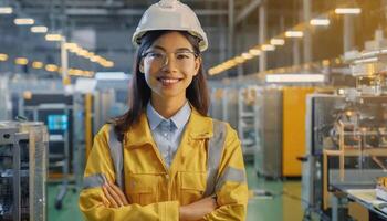 ai generado hembra instalación, asiático mujer ingeniero en moderno técnico planta, sonriente en cámara foto