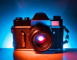 AI generated Retro analog film black camera, on colorful background photo