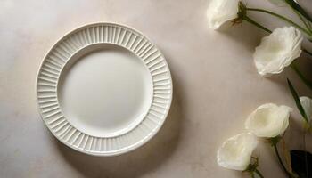 AI generated White ceramic plate mockup, blank template of dish on table photo