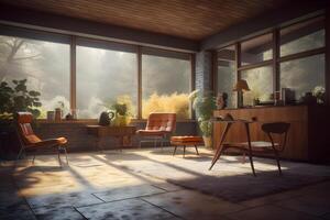 AI generated photorealistic mid century interior with sunlight from windows at summer day, neural network generated photorealistic image photo