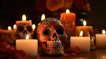 AI generated ornate white sculls with candles and flowers for Dia de los muertos or day of the dead celebration, neural network generated image photo