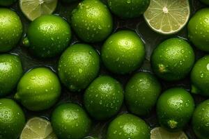 AI generated seamless texture and full-frame macro background of fresh green limes covered with water drops, neural network generated image photo