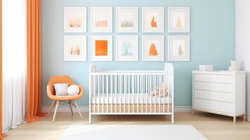 AI generated Bright white minimalist nursery wall with frames above cradle, neural network generated image photo