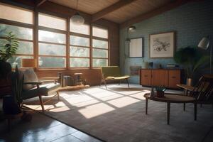 AI generated photorealistic mid century interior with sunlight from windows at summer day, neural network generated photorealistic image photo