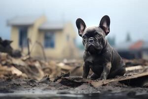 AI generated alone and hungry French Bulldog after disaster on the background of house rubble, neural network generated image photo