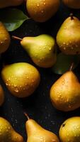 AI generated Fresh yellow pears with water drops seamless closeup background and texture, neural network generated image photo
