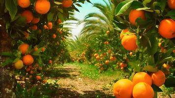 AI generated Oranges Ripening at Agriculture Farm at sunny summer day, neural network generated photorealistic image photo