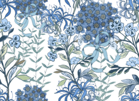 Chinoiserie inspired. Vintage floral illustration. Blue and white oriental eastern asian seamless pattern png