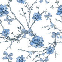 Chinoiserie inspired. Vintage floral illustration. Blue and white oriental eastern asian seamless pattern png