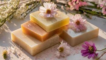 AI generated Herbal soap bars with flowers and oil photo