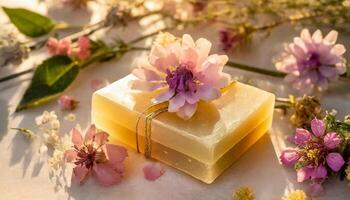 AI generated Herbal soap bars with flowers and oil photo