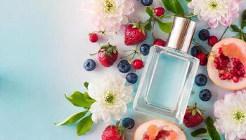 Transparent perfume bottle mock up with flowers, berries, fruits on background photo