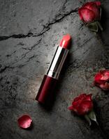 AI generated Lipstick gloss mockup on grange stone background, cosmetic mock up photo