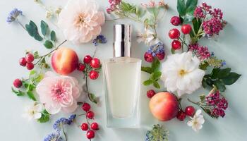 Transparent perfume bottle mock up with flowers, berries, fruits on background photo