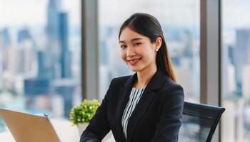 AI generated Young female asian project manager in skyscraper office building sitting in her workplace photo