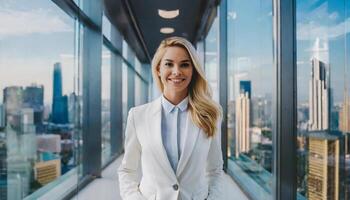 AI generated Young caucasian female project manager in skyscraper office building photo