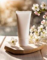 AI generated Mockup cosmetic cream tube on wooden table with tiny flowers, mock up photo