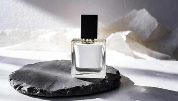 Mockup of galss transparent perfume bottle on stone plate and shadows photo