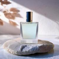 Mockup of galss transparent perfume bottle on stone plate and shadows photo