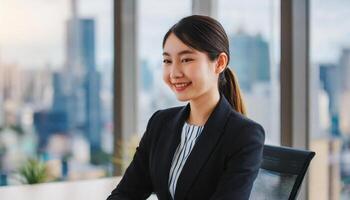 AI generated Young female asian project manager in skyscraper office building sitting in her workplace photo