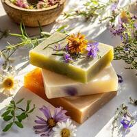 AI generated Herbal soap bars with flowers and oil photo