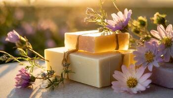 AI generated Herbal soap bars with flowers and oil photo