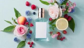 Transparent perfume bottle mock up with flowers, berries, fruits on background photo