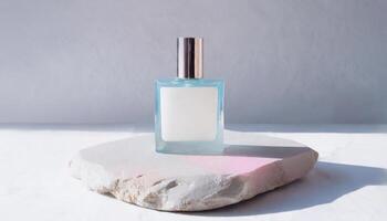 Mockup of galss transparent perfume bottle on stone plate and shadows photo