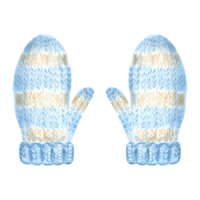 Cute watercolor knited mittens blue and beige color. Template illustration knitting garment hand made hobby.  Isolated hand drawn for winter cards or printables, knitter blog, needlework, embroidery. png