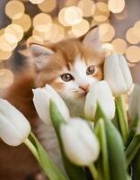 ai generado mullido bonito gatito y flores, mascota y floral tarjeta, felicidades tarjeta foto