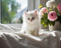 ai generado mullido bonito gatito y flores, mascota y floral tarjeta, felicidades tarjeta foto