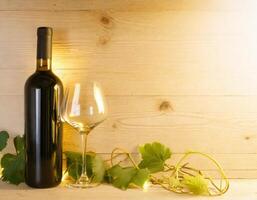 AI generated Vine bottle mockup, glass of wine on wooden background, template photo