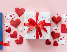AI generated Present box with hearts decoration, gift package for Saint Valentine, birthday photo